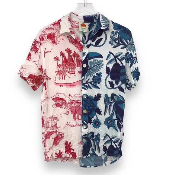 FARM Rio Mixed Print Button Down Shirt XS Two Tone Tropical Toucan Birds - Picture 1 of 6
